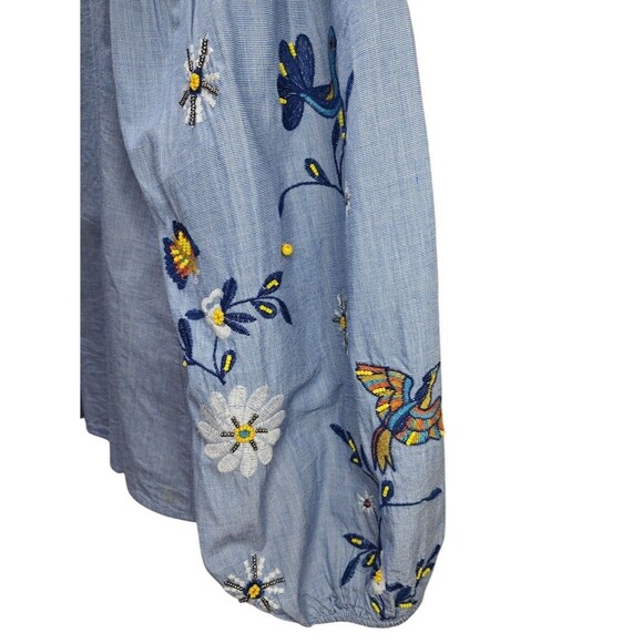 Crown & Ivy Embroidered Boho Peasant Blouse Blue Floral Butterfly Tassel Women’s - Picture 6 of 9